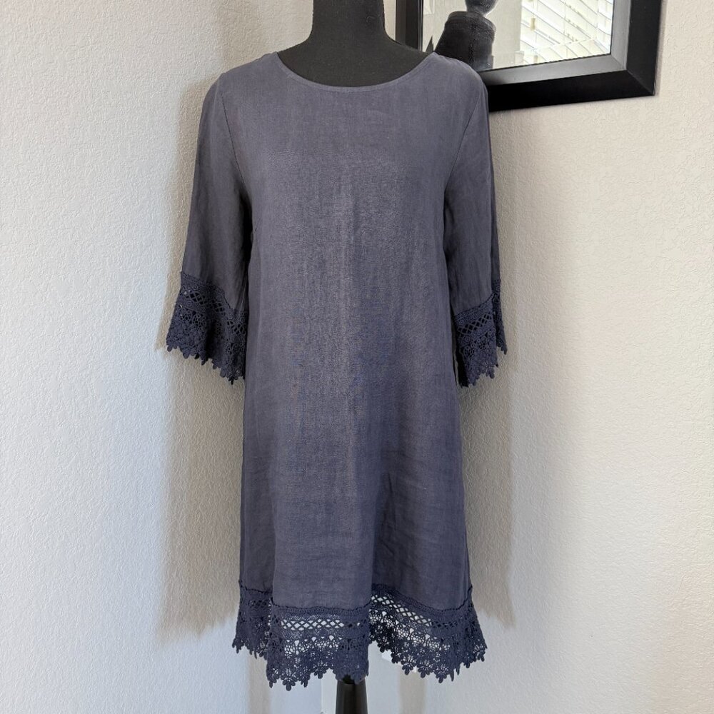 ROSEMARINE 100% Italian Linen 3/4 Sleeve Crochet Dress Blue Gray Small - Picture 4 of 13